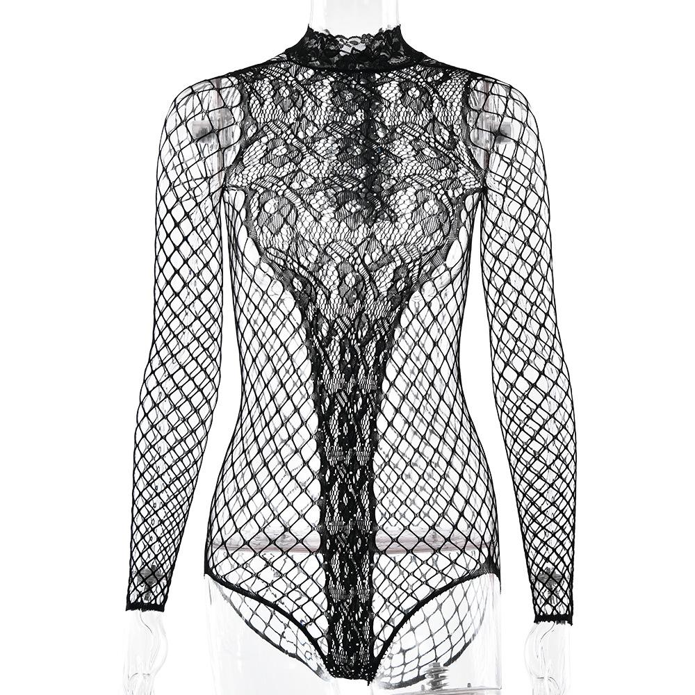 Crewneck long sleeve fishnet see through romper