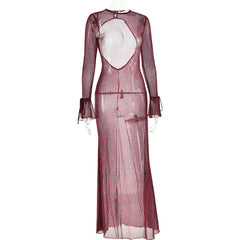 Long flared sleeve tiger print sheer mesh backless maxi dress  | red tango dress  | samba dress
