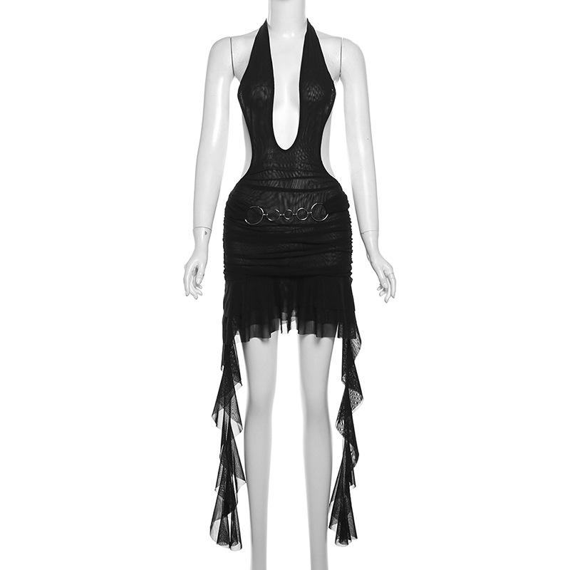 Halter ruffle o ring sheer mesh mini dress  | samba dress