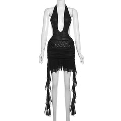 Halter ruffle o ring sheer mesh mini dress  | samba dress