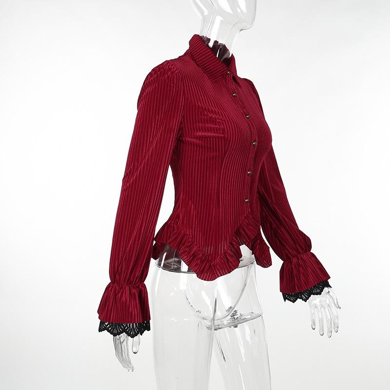 Turnover collar long sleeve corduroy lace hem top