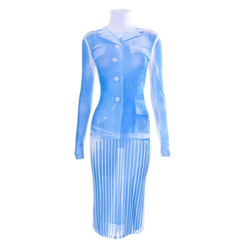 Sheer mesh see through turtle neck long sleeve contrast print midi dress  | samba dress