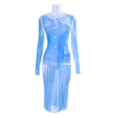Sheer mesh see through turtle neck long sleeve contrast print midi dress  | samba dress