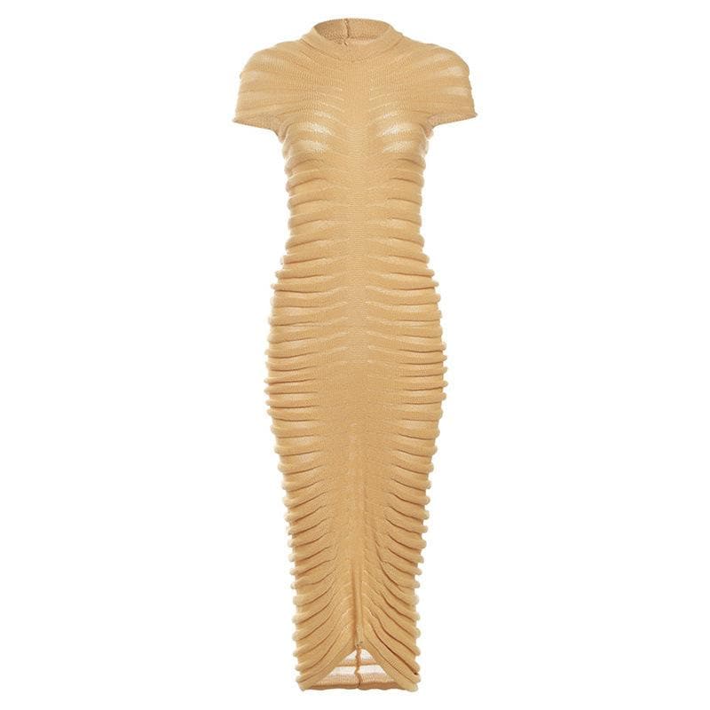 Knitted solid short sleeve crewneck see through maxi dress  | red tango dress