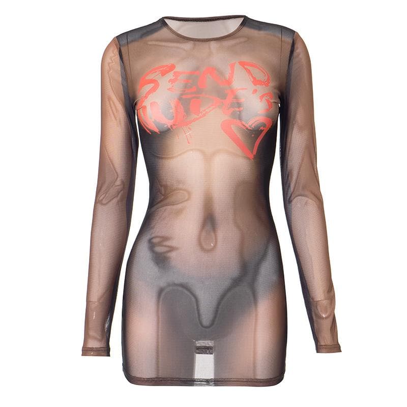 Long sleeve body print sheer mesh crewneck mini dress  | samba dress
