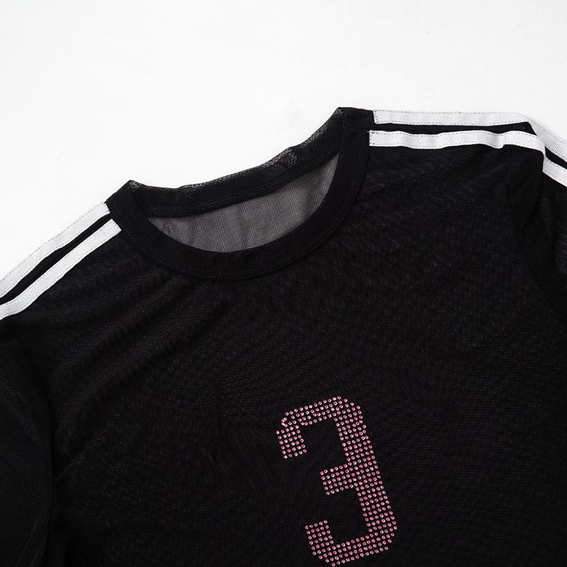 Long sleeve crewneck mesh beaded top