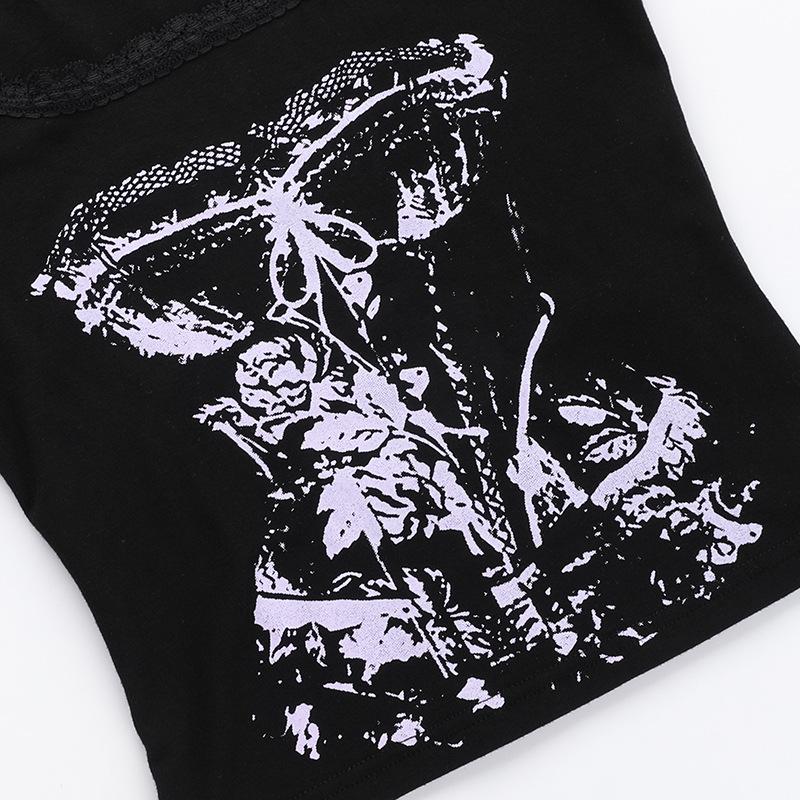 U neck lace hem abstract tank top