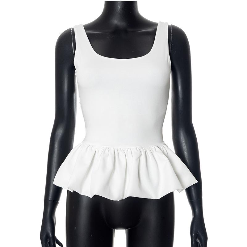 U neck backless ruffle ruched solid tank top