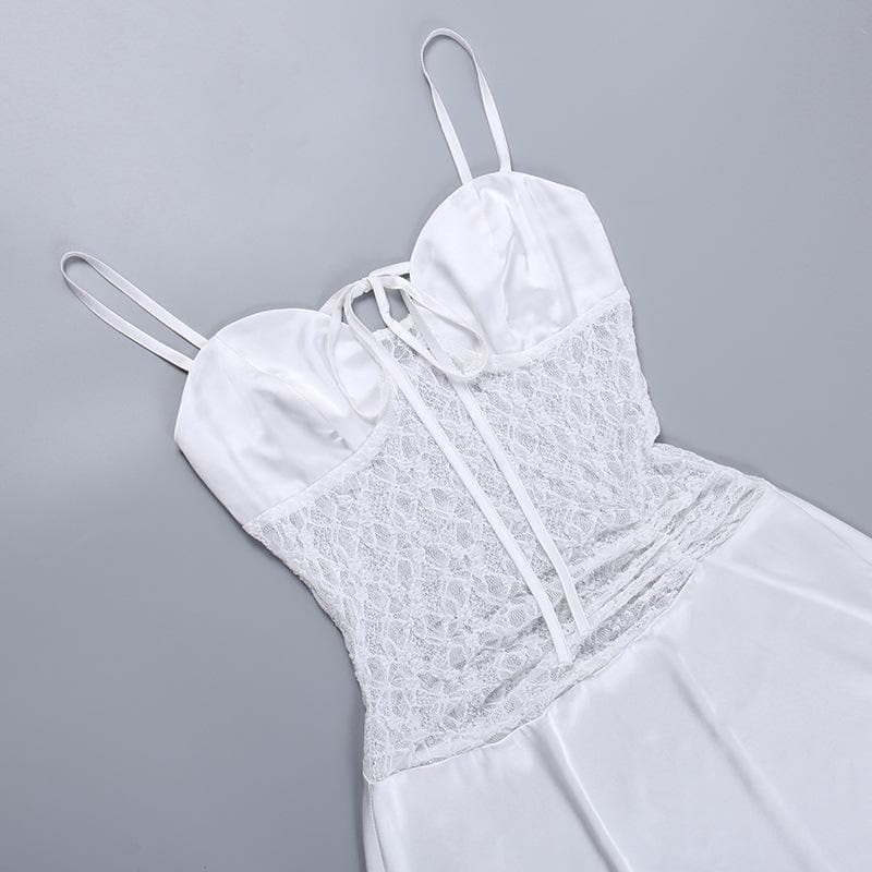 Lace patchwork self tie solid ruched backless cami mini dress