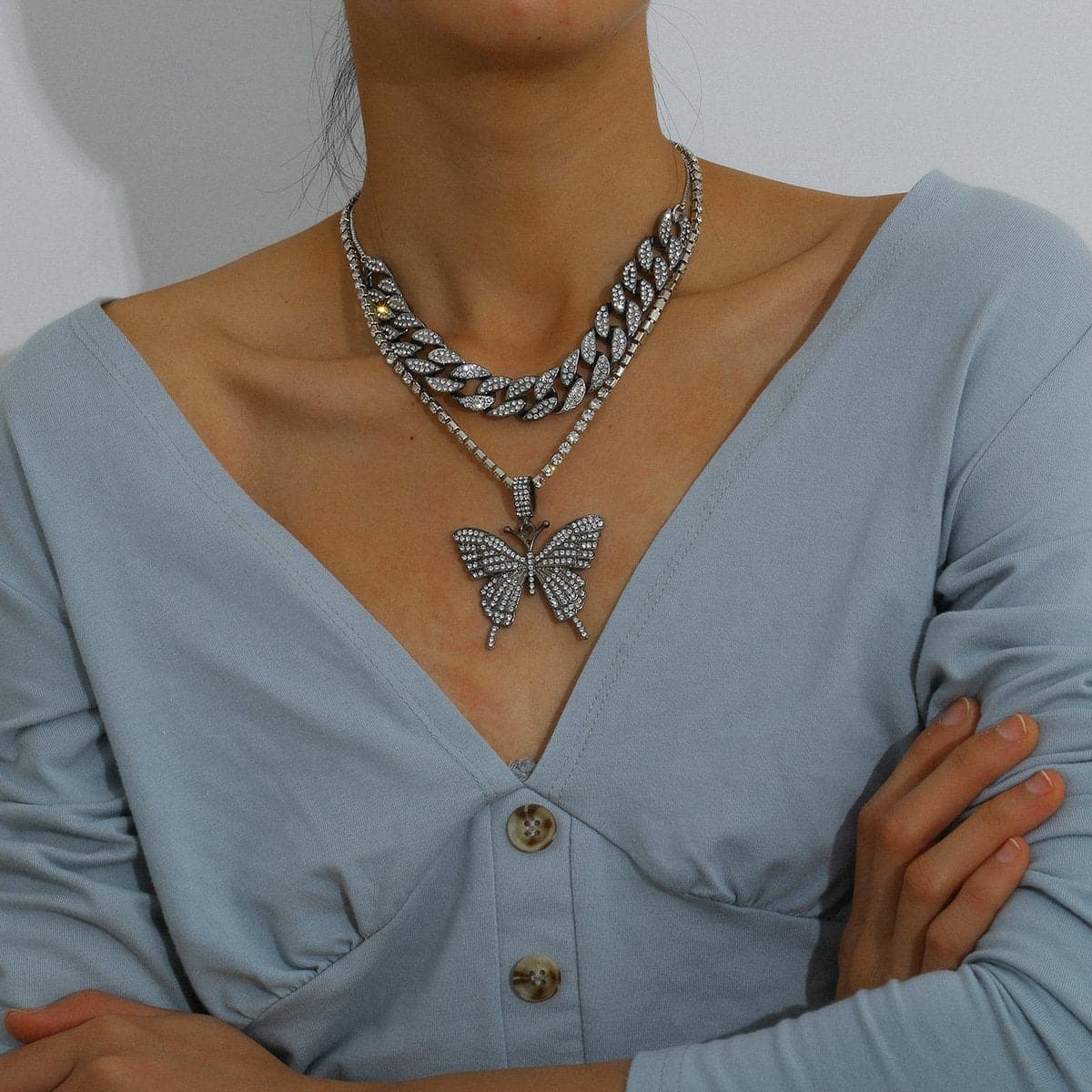 Butterfly pendant rhinestone cuban 2pcs necklace