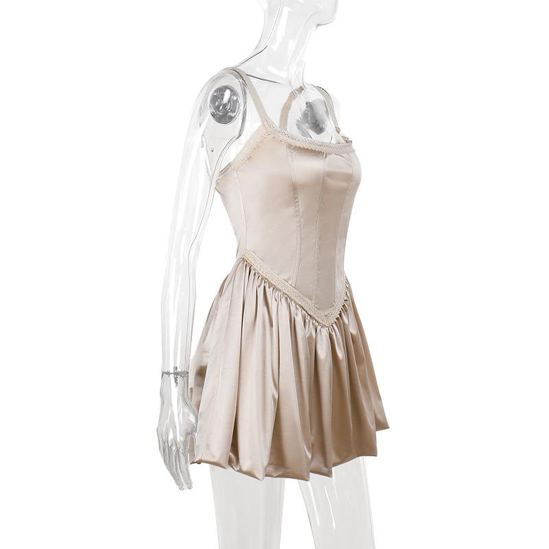 U neck lace hem ruched cami mini dress