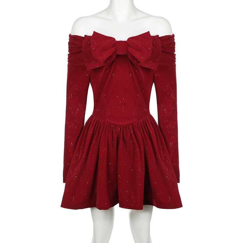 Off shoulder long sleeve beaded bowknot mini dress
