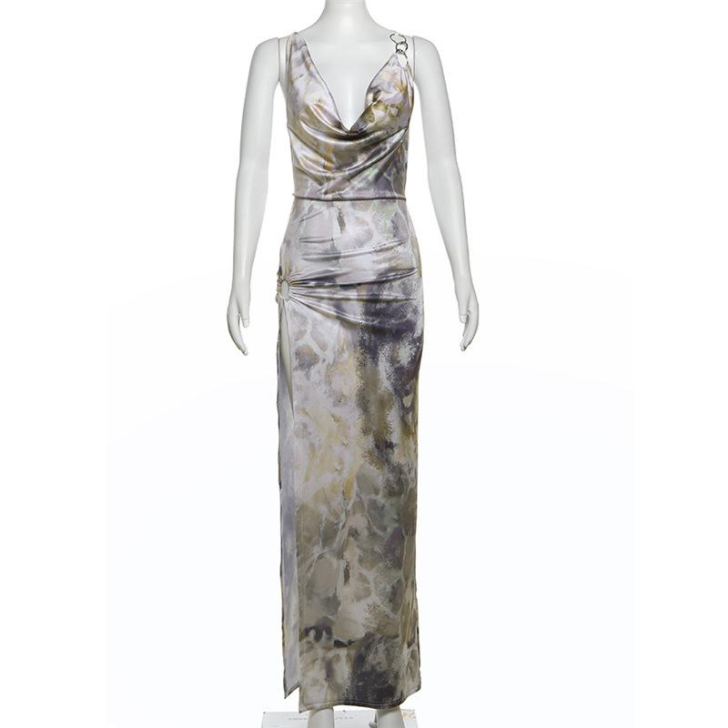 Cowl neck cross back o ring high slit print maxi dress