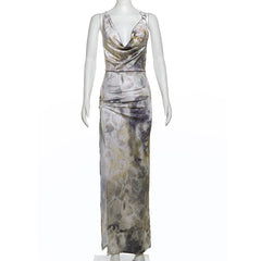 Cowl neck cross back o ring high slit print maxi dress