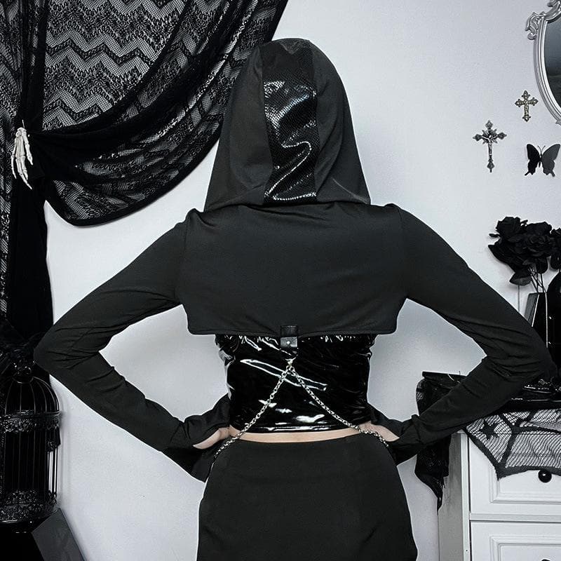 Patchwork metal chain buckle hoodie long sleeve crop top
