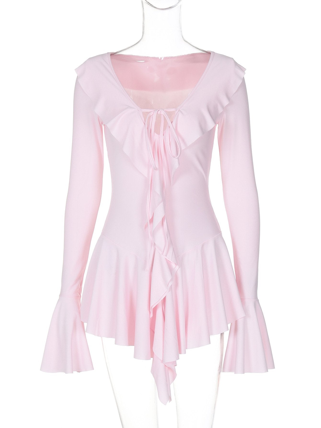 V neck long flared sleeve self tie ruffle mini dress