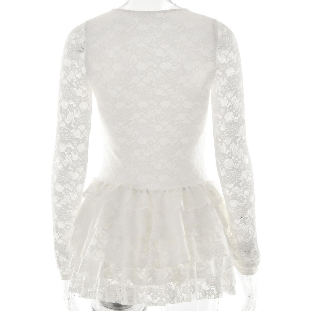 Long sleeve lace hollow out ruffle mini dress