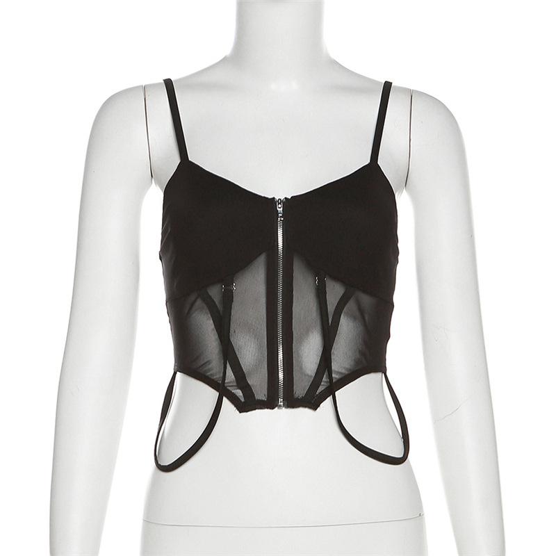 Zip-up mesh solid backless crop cami top
