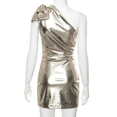 One shoulder bowknot metallic ruched mini dress