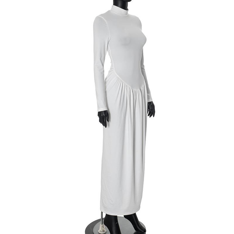 High neck long sleeve ruched maxi dress