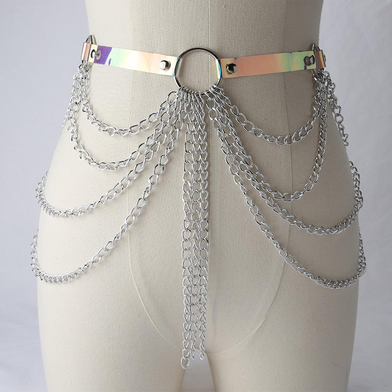 PU leather layered metal chain o ring belt
