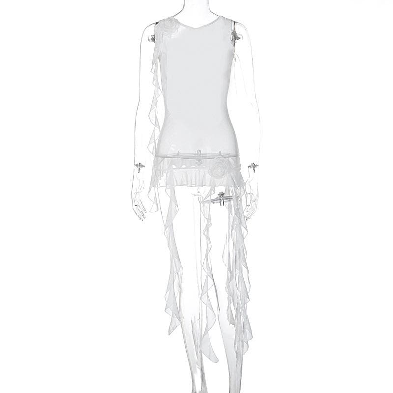Sleeveless solid cross back sheer mesh see through ruffle flower applique top
