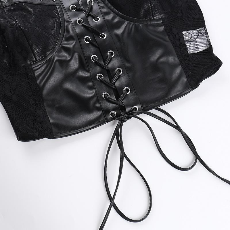 Lace up PU leather patchwork lace rivet cami top