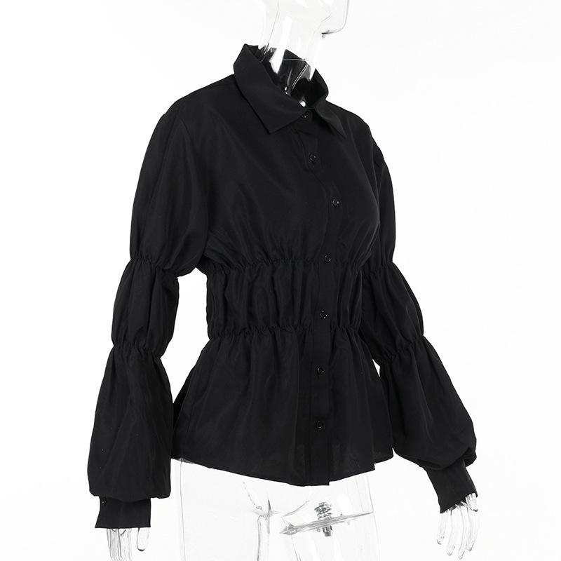 Turnover collar long puff sleeve button top