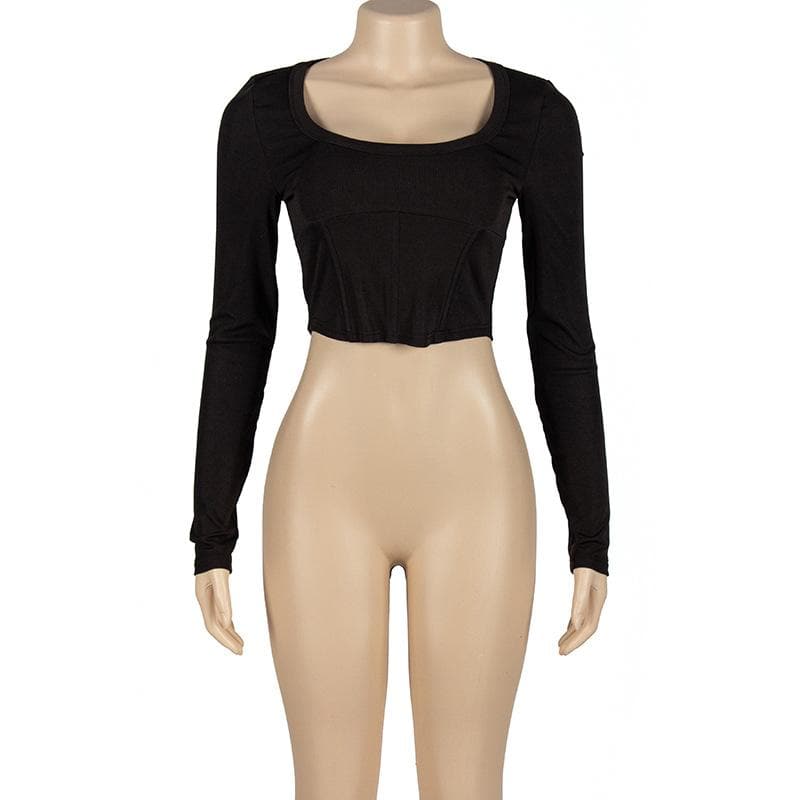 Bustier u neck solid long sleeve crop top