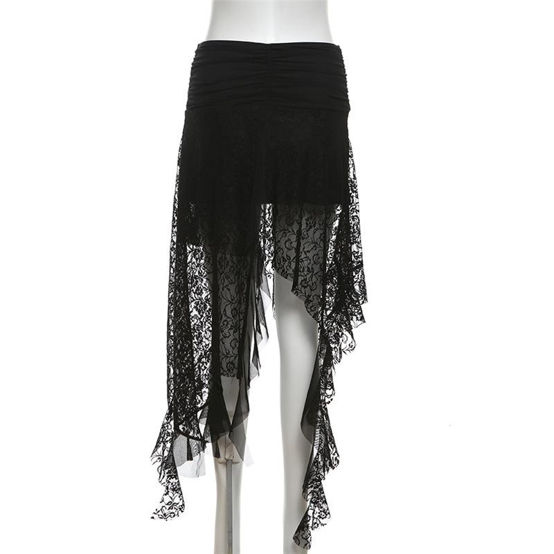 Lace mesh patchwork ruched ruffle midi skirt
