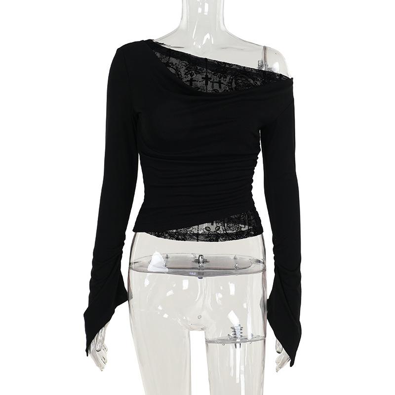 Off shoulder long flared sleeve mesh patchwork top