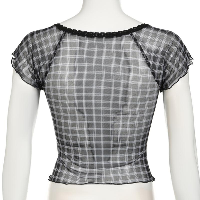 Short sleeve plaid lace hem bowknot mesh top
