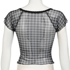 Short sleeve plaid lace hem bowknot mesh top
