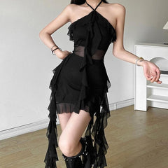 Halter sheer mesh ruffle backless mini dress  | red tango dress  | samba dress