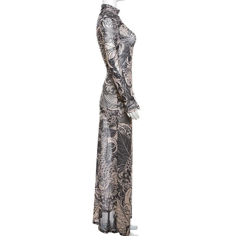 Sheer mesh see through abstract long sleeve high neck maxi dress  | samba dress
