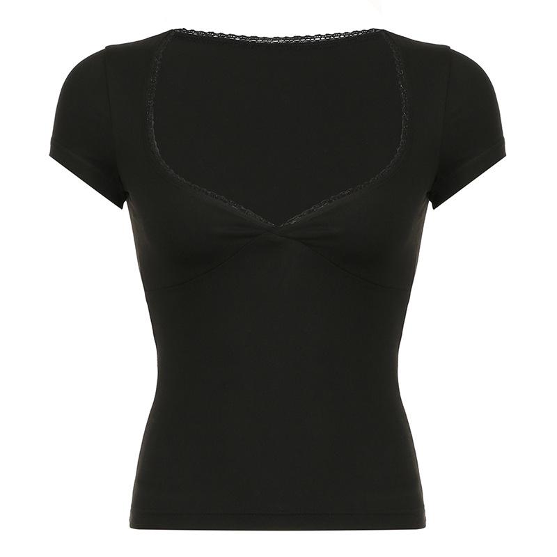 Short sleeve v neck lace hem solid top