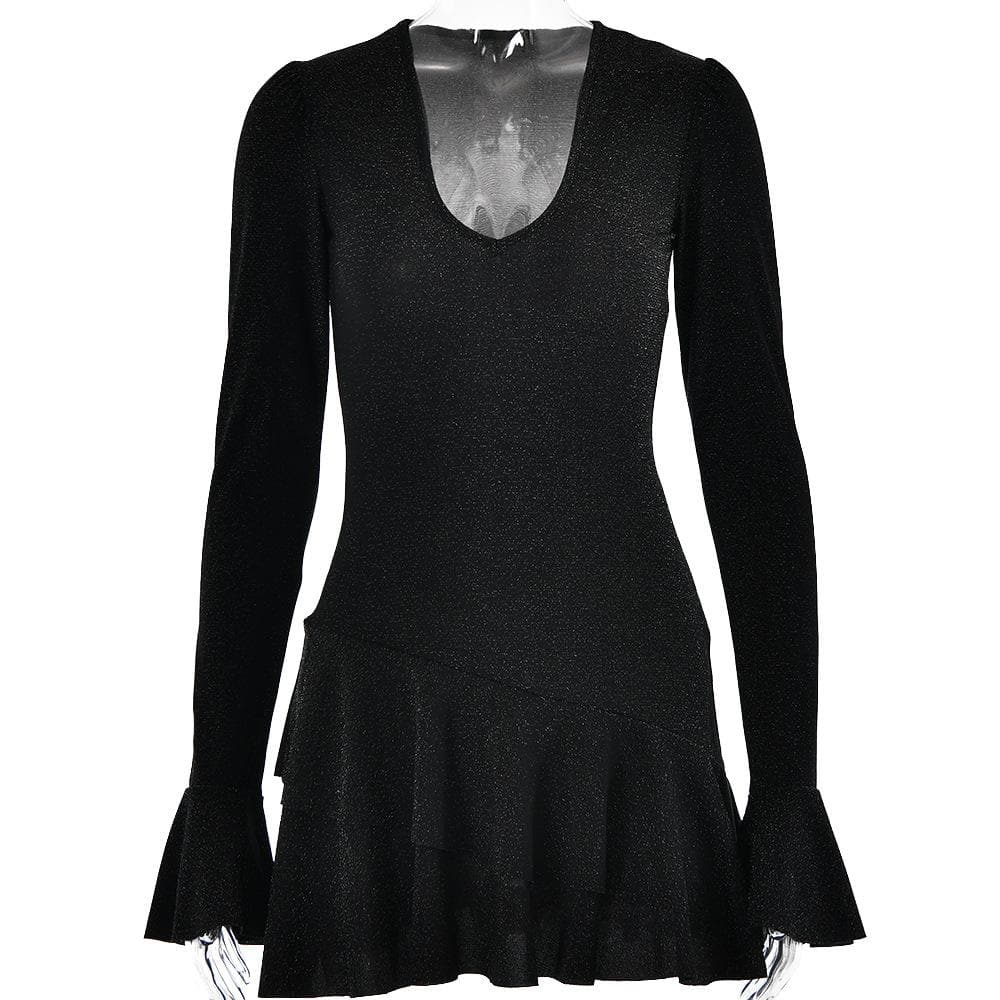 Textured v neck ruffle irregular long flared sleeve mini dress  | red tango dress