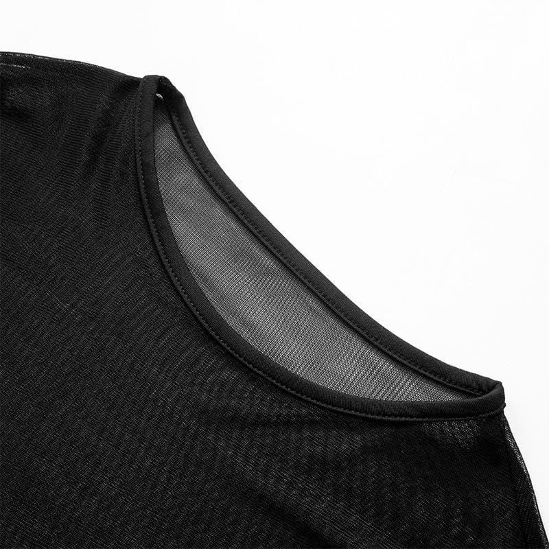 Long sleeve mesh patchwork crewneck gloves top