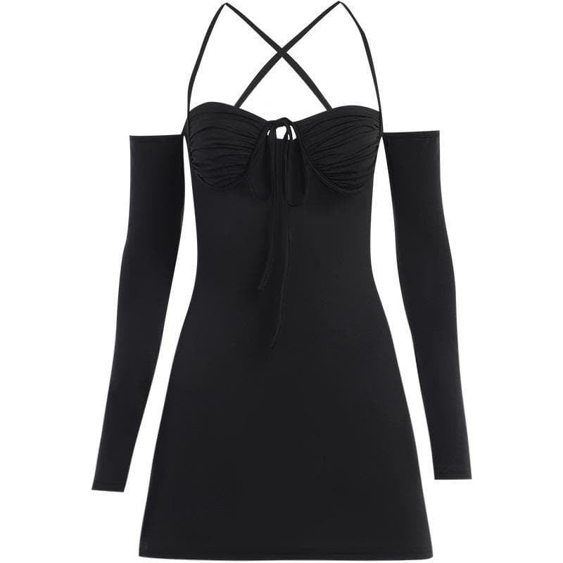 Lace up solid cross back off shoulder long sleeve mini dress  | black rave dress  | black rave dress