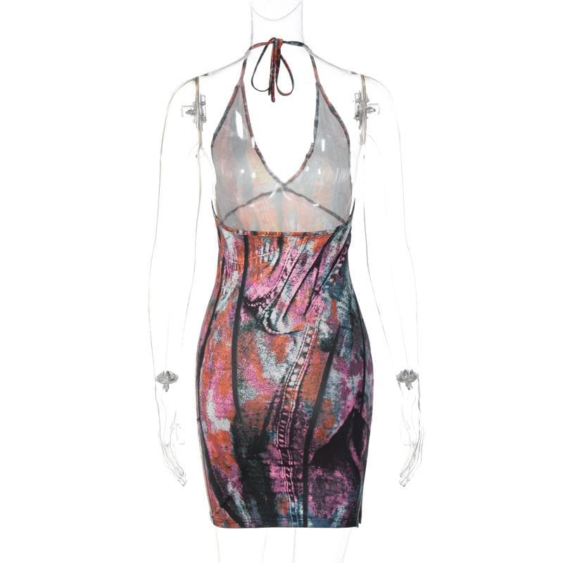 Backless halter self tie v neck contrast print mini dress  | red tango dress