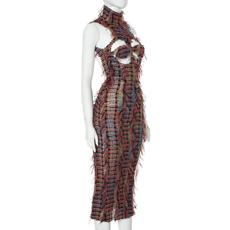 High neck hollow out mesh backless cut out midi dress  | red tango dress