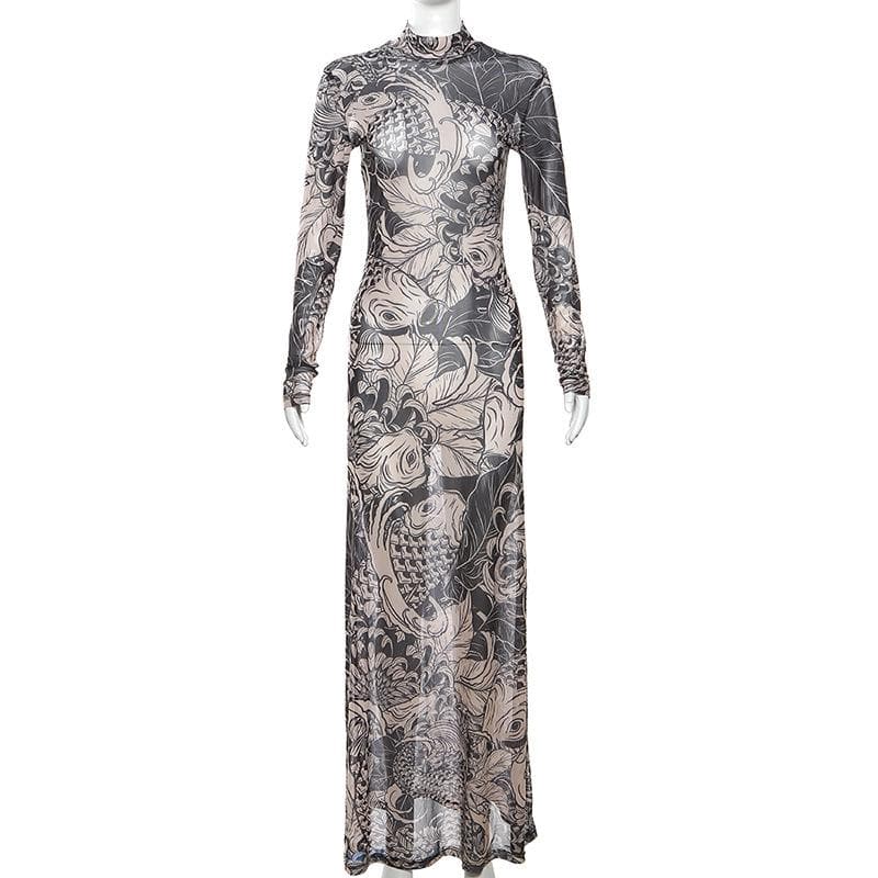 Sheer mesh see through abstract long sleeve high neck maxi dress  | samba dress