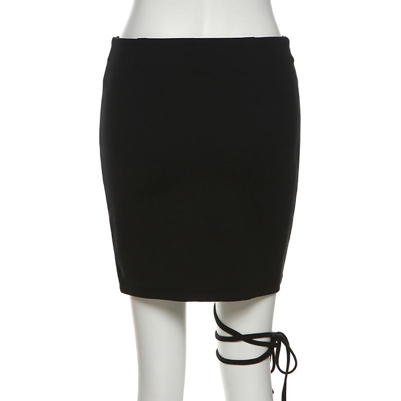 Hollow out metal chain self tie zip-up mini skirt