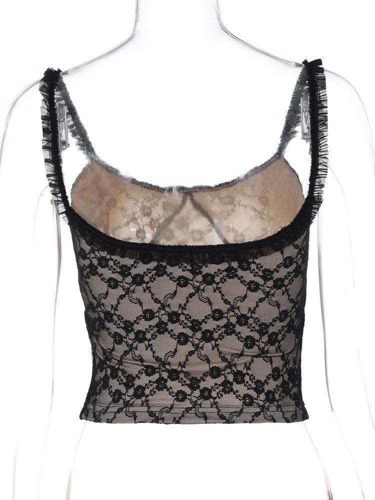 Bowknot sweetheart neck lace ruffle cami top