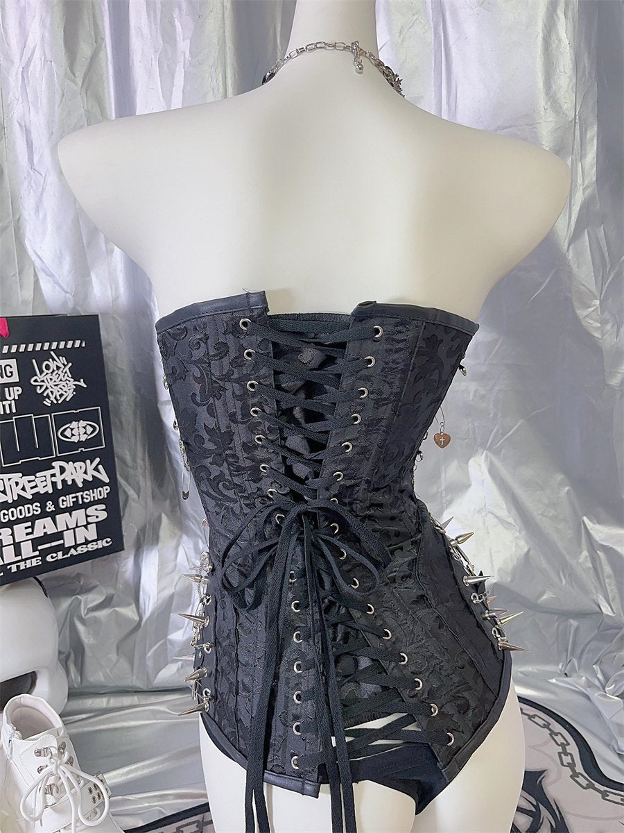 Skull metal chain PU leather lace up rivet tube top