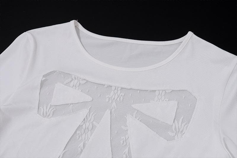 Long sleeve bowknot pattern lace mesh patchwork crewneck top