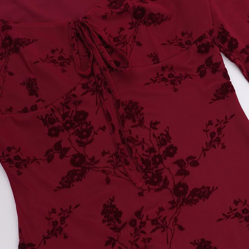 Long sleeve flower pattern mesh self tie mini dress  | red tango dress