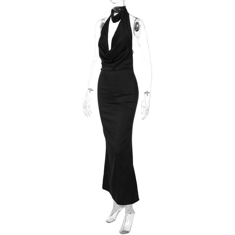 Halter cowl neck button ruched satin backless maxi dress