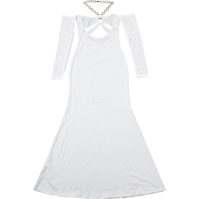 Halter o ring hollow out gloves metal chain mesh maxi dress
