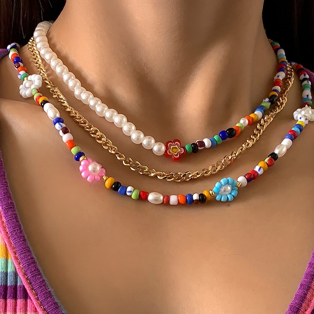 Multicolor clay beaded 3 pcs flower necklace